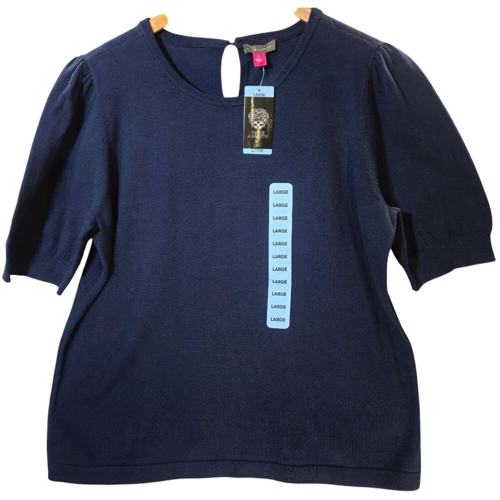Vince Camuto Womens Classic Navy Puff Sleeve Sweater With Keyhole Back Size L Co